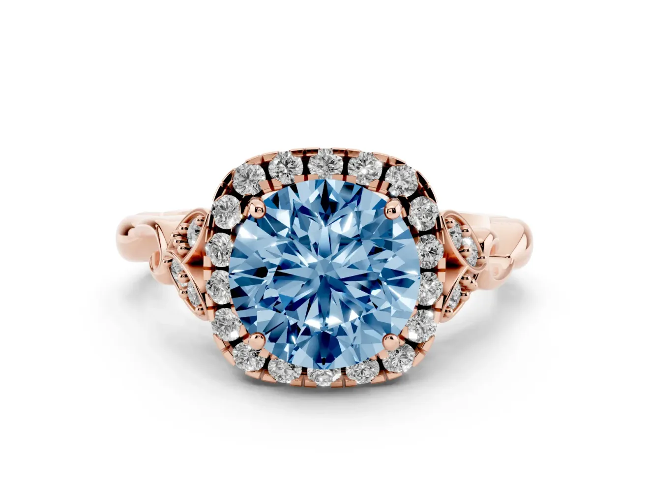 Round Halo Engagement Ring Setting for a Fancy Blue Lab-Grown Diamond | Leaf Shoulders | Rose Gold