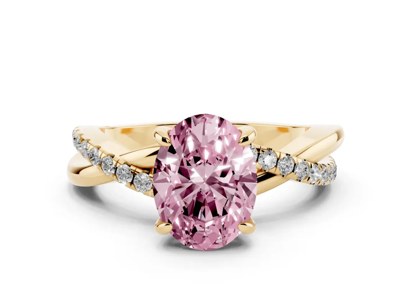 Fancy Pink Oval Cut Diamond Twist Band Solitaire Set in Yellow gold with Pavé Accents and Prong Setting
