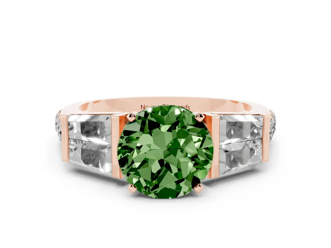 Fancy Green Round Cut Diamond Engagement Ring Set in Rose gold with Baguette Side Stones and Channel Set Band