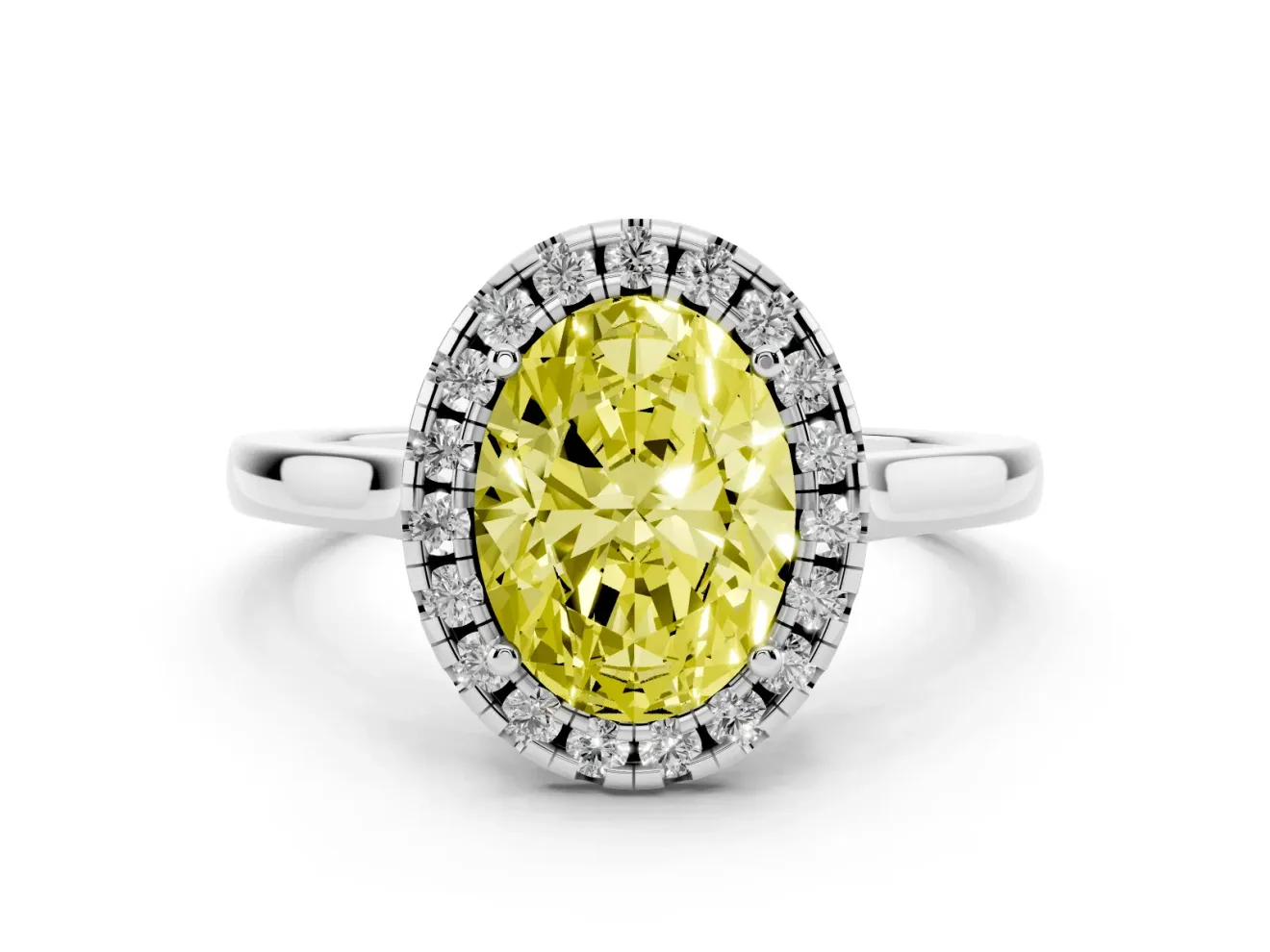 Fancy Yellow Oval Cut Halo Round Diamond Solitaire Ring Set in Platinum with Pavé Band and Prong Setting