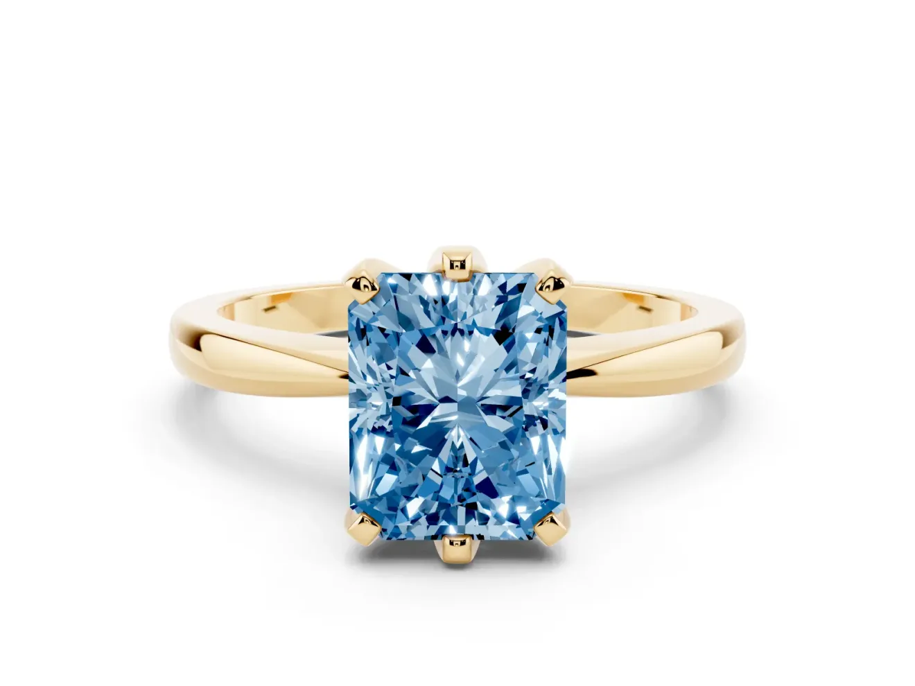 Fancy Blue Radiant Cut Diamond Solitaire Engagement Ring Set in Yellow gold with Slim Tapered Solitaire Band