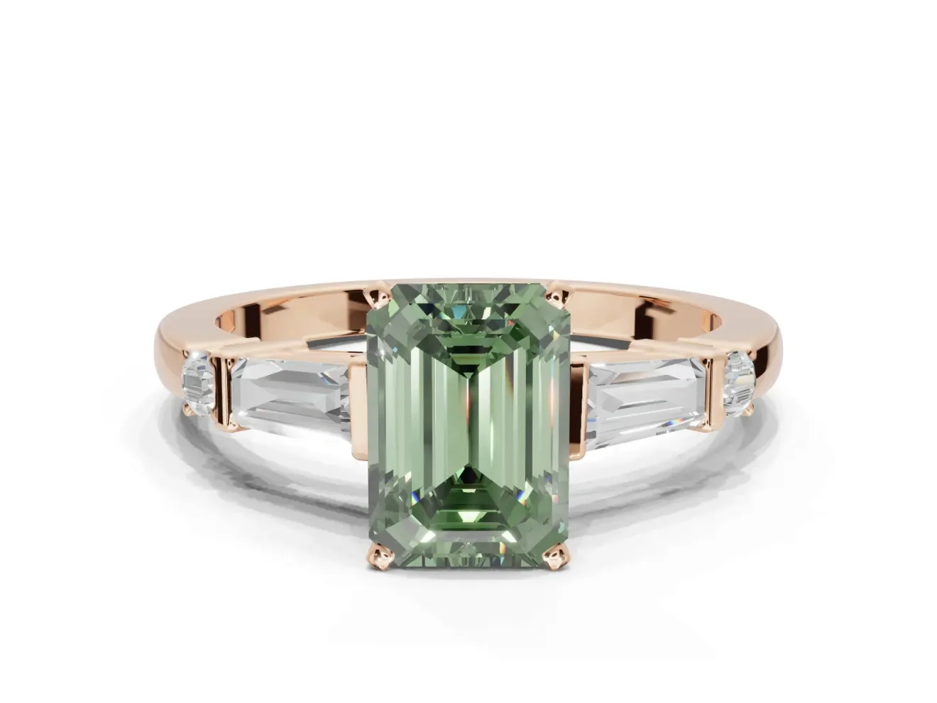 Emerald Cut Tapered Baguette Engagement Ring Setting for a Fancy Green Lab-Grown Diamond | Rose Gold