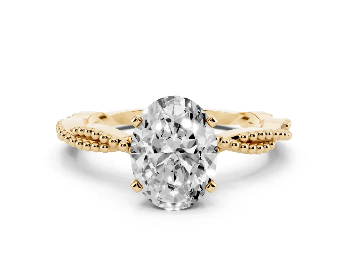 Oval Cut Diamond Solitaire Ring Set in Yellow gold with Twisted Band and Bead Prong Setting