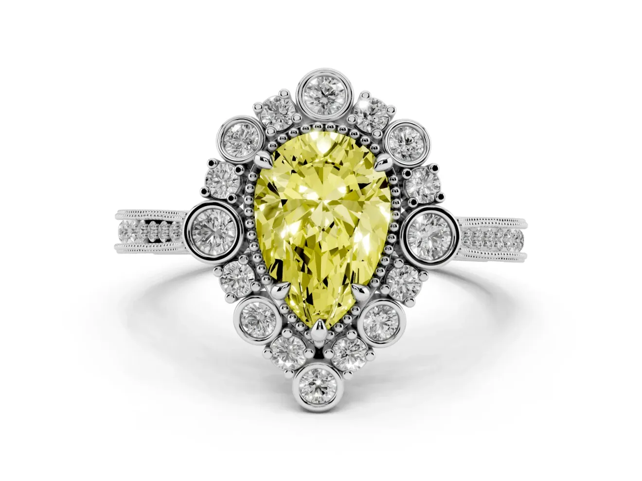 Fancy Yellow Pear Cut Diamond Halo Milgrain Pavé Ring Set in White gold with Prong Setting