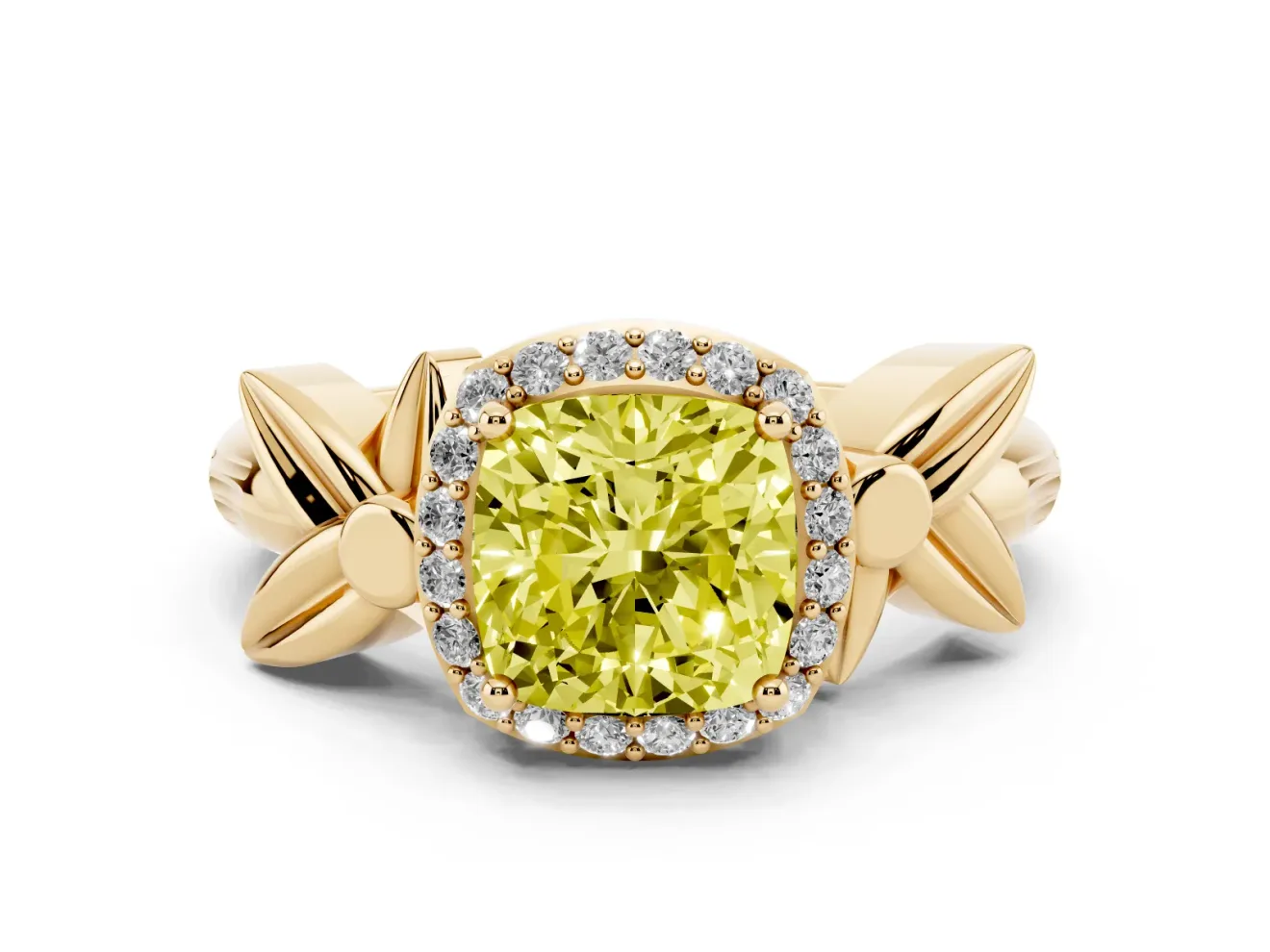 Cushion Cut Floral Halo Engagement Ring Setting for a Fancy Yellow Lab-Grown Diamond | Yellow Gold