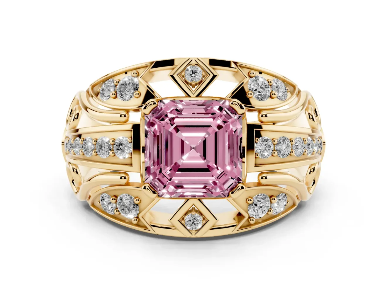 Asscher Cut Art Deco Engagement Ring Setting for a Fancy Pink Lab-Grown Diamond | Yellow Gold