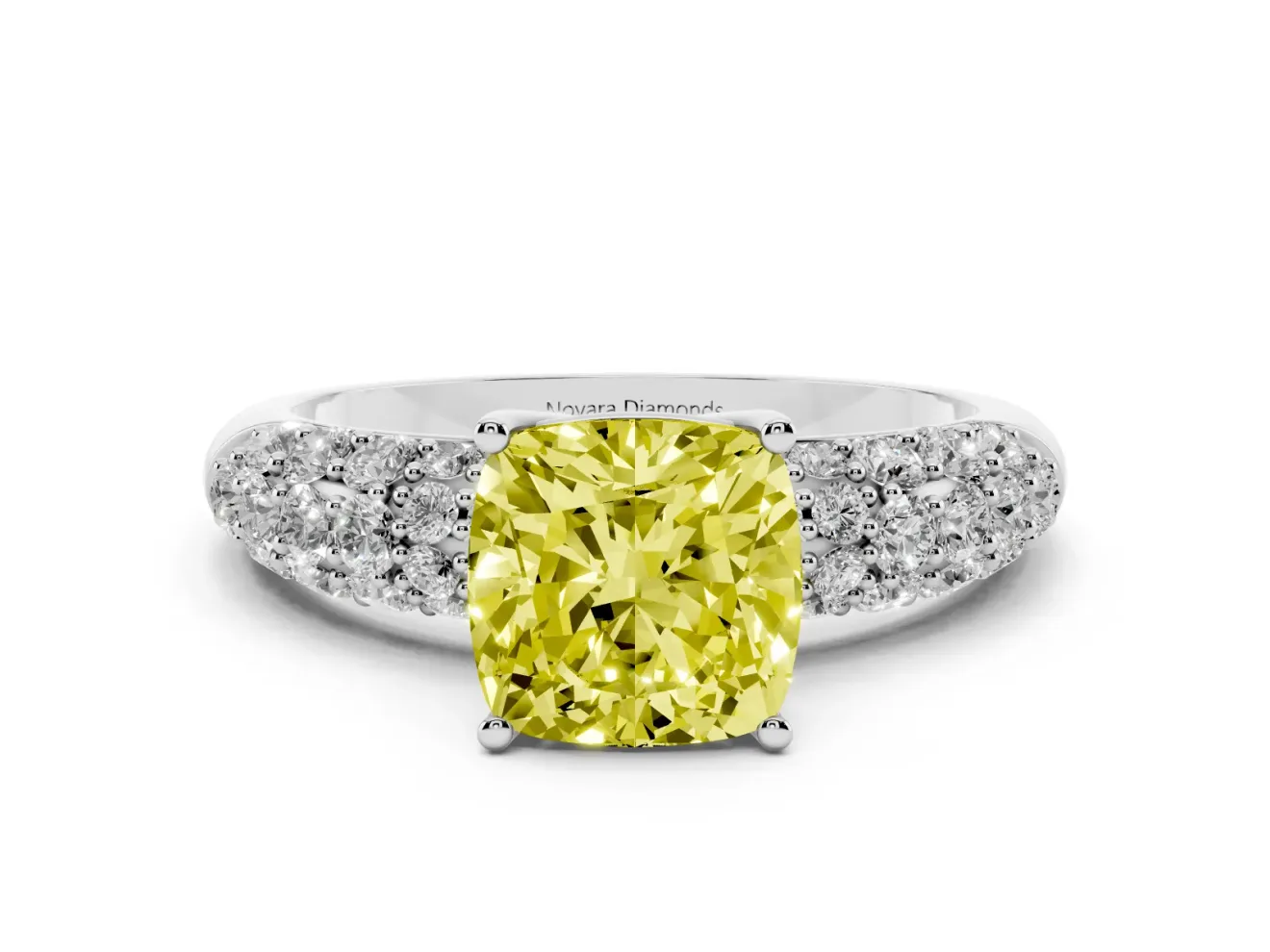Cushion Cut Multi Row Pave Engagement Ring Setting for a Fancy Yellow Lab-Grown Diamond | Platinum