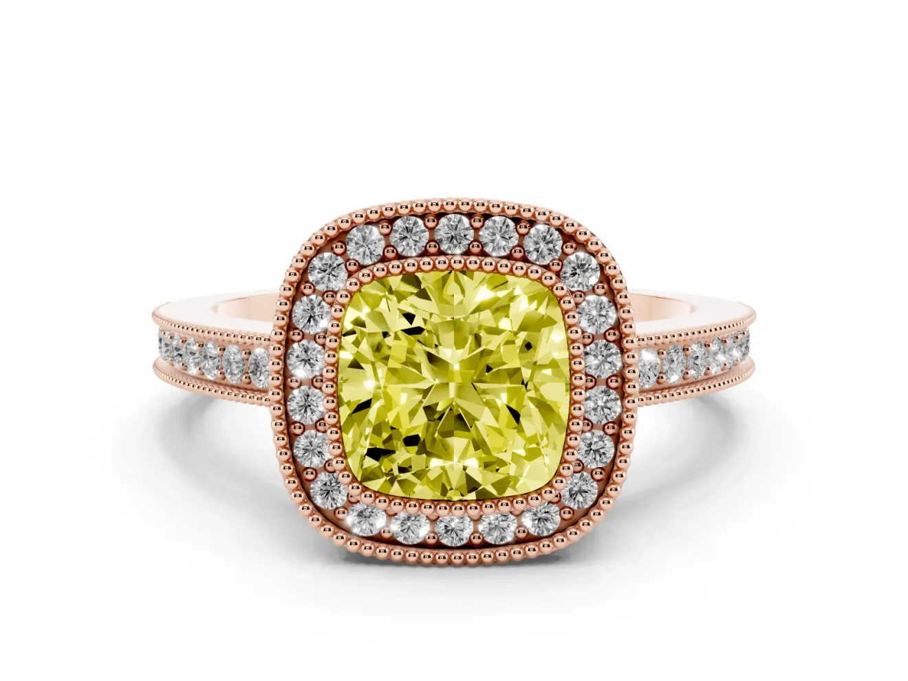 Fancy Yellow Cushion Cut Diamond Halo Ring Set in Rose gold with Pavé Band and Milgrain-Edged Prongs