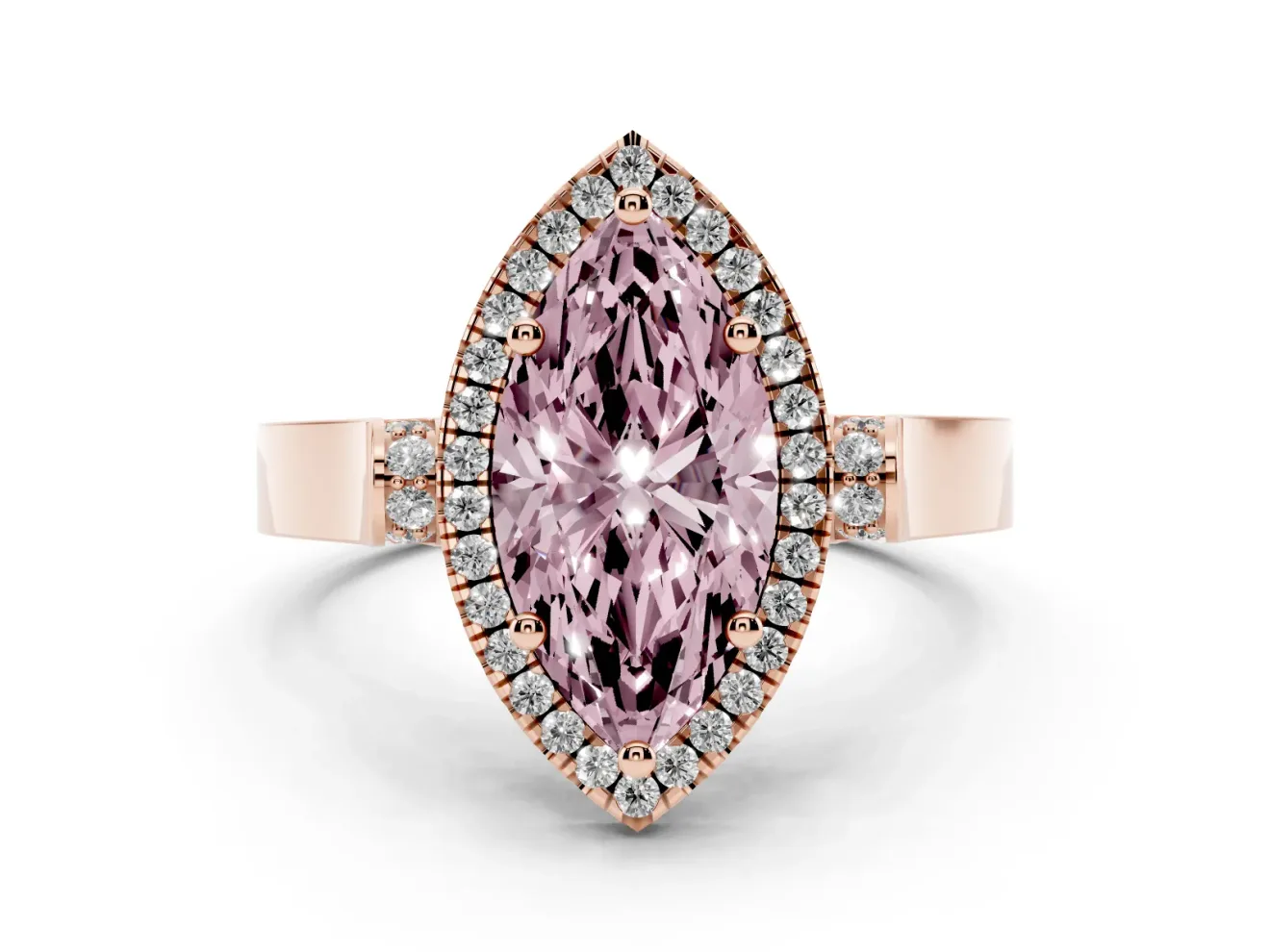 Fancy Pink Marquise Cut Diamond Halo Ring Set in Rose gold with Pavé-Lined Split Shank Band