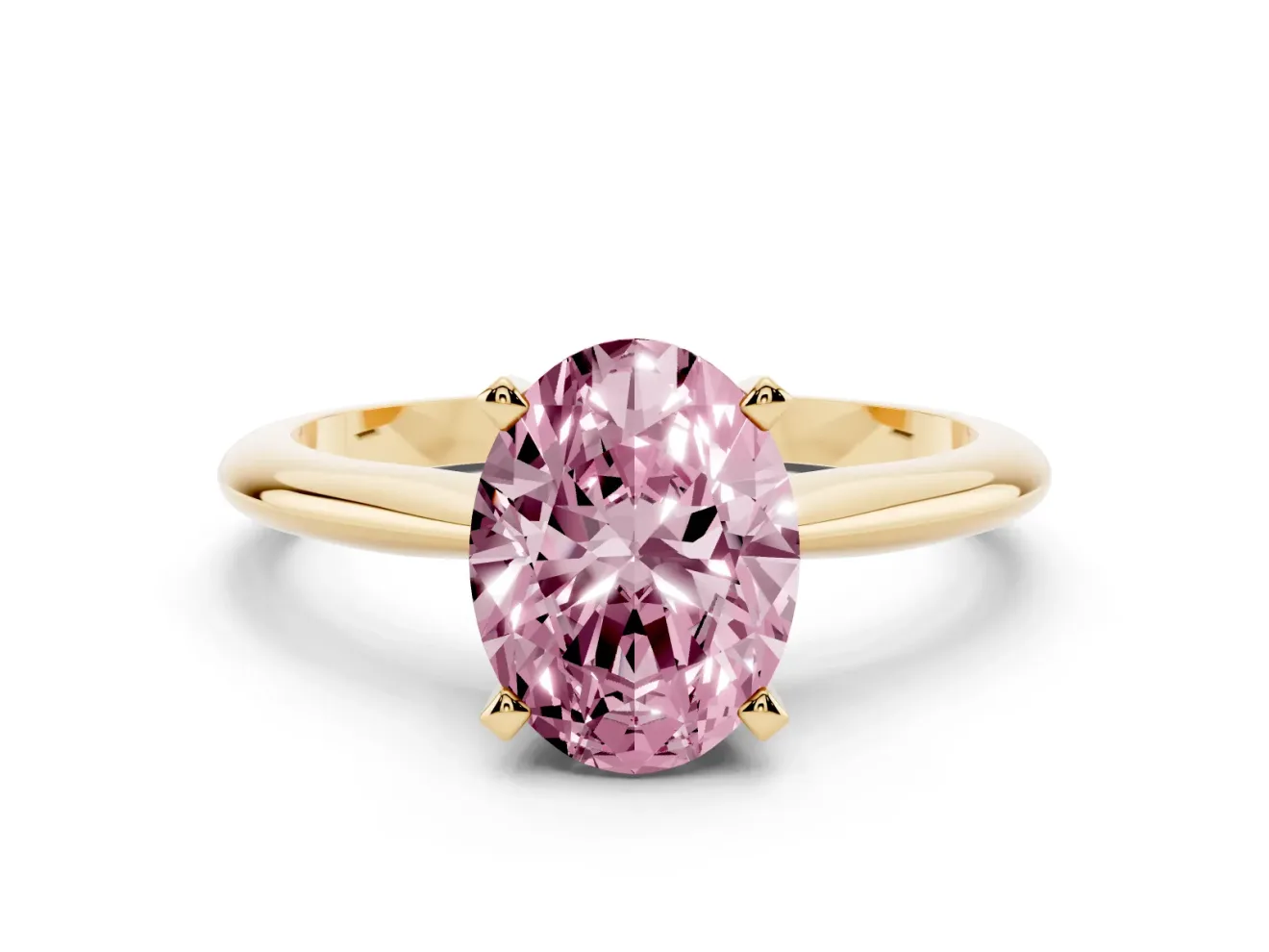Fancy Pink Oval Cut Diamond Solitaire Ring Set in Yellow gold with Prong Setting on a Plain Round Band
