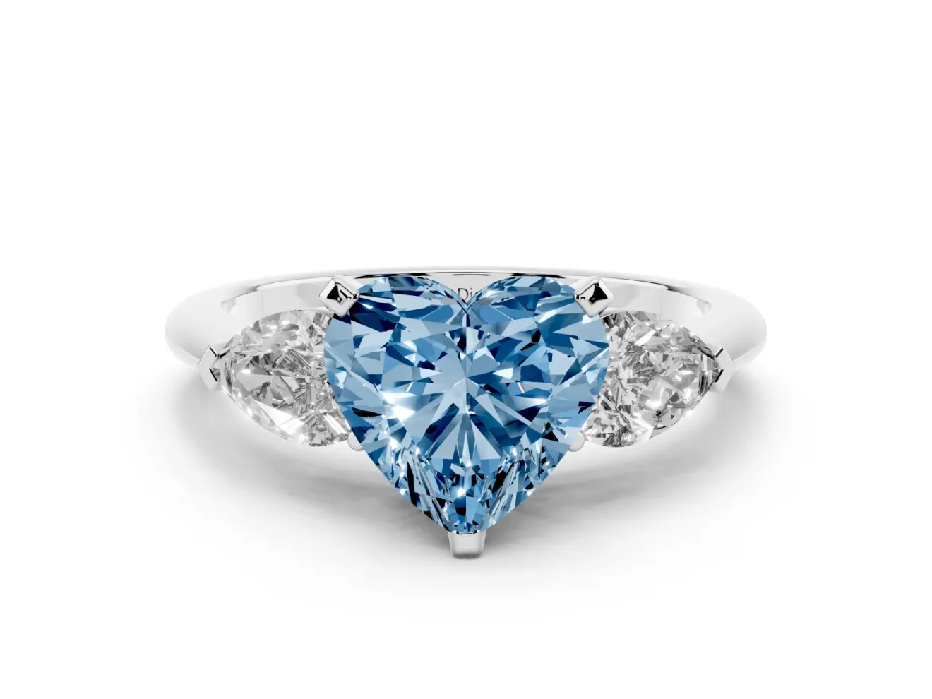 Fancy Blue Three-Stone Heart Cut Diamond Ring Set in Platinum with Pear Side Stones and Prong Setting