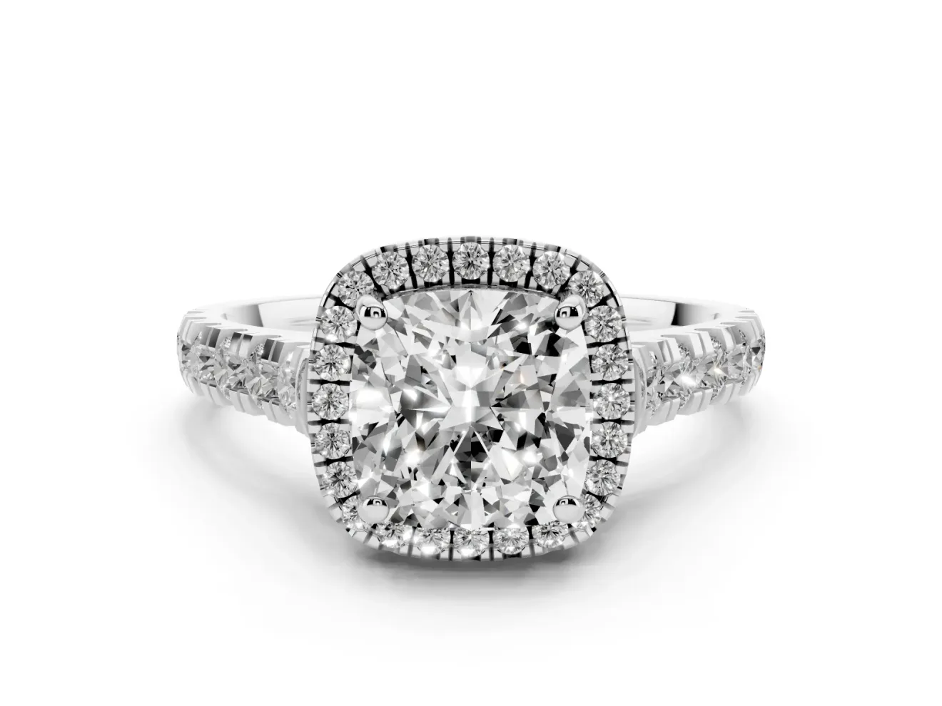 Cushion Cut Halo Engagement Ring Setting | Shared Prong Shoulders | Sterling Silver