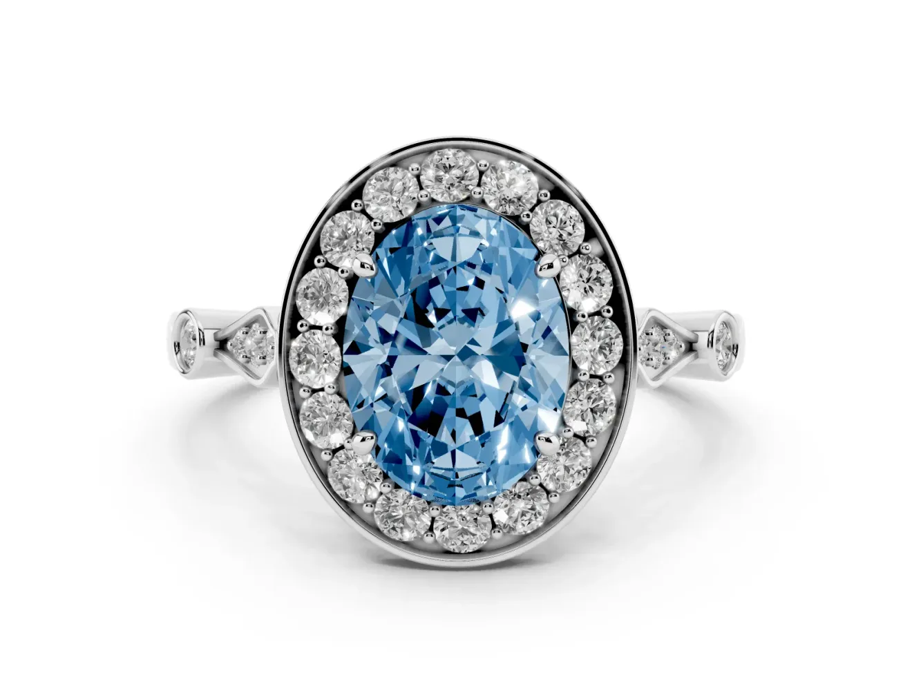Oval Vintage Halo Engagement Ring Setting for a Fancy Blue Lab-Grown Diamond | Bezel Station Shoulders | Sterling Silver