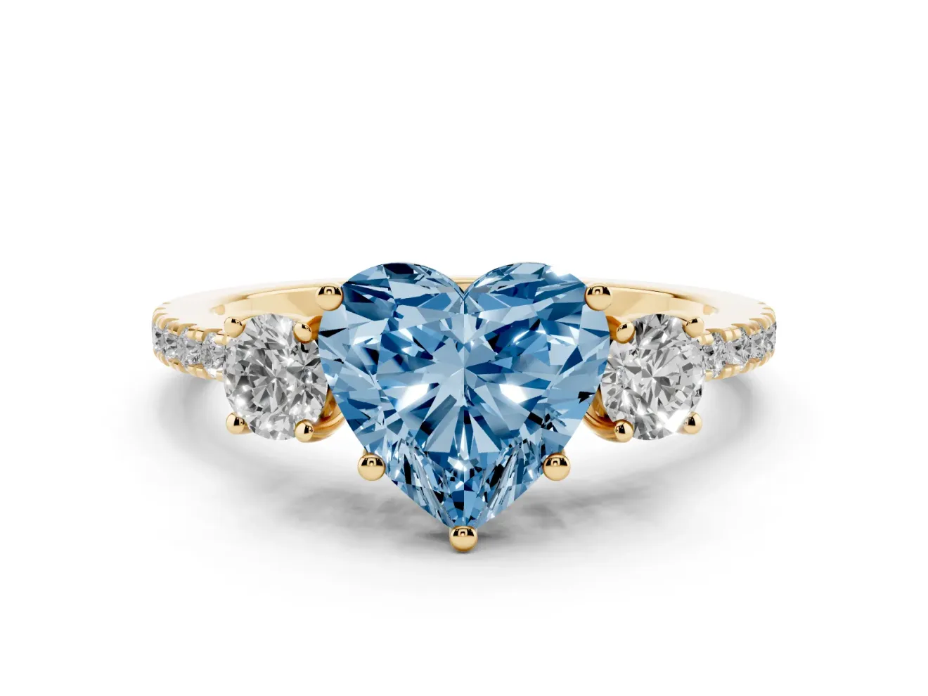 Fancy Blue Heart Cut Diamond Three-Stone Ring Set in Yellow gold with Pavé Band and Graduated Sides