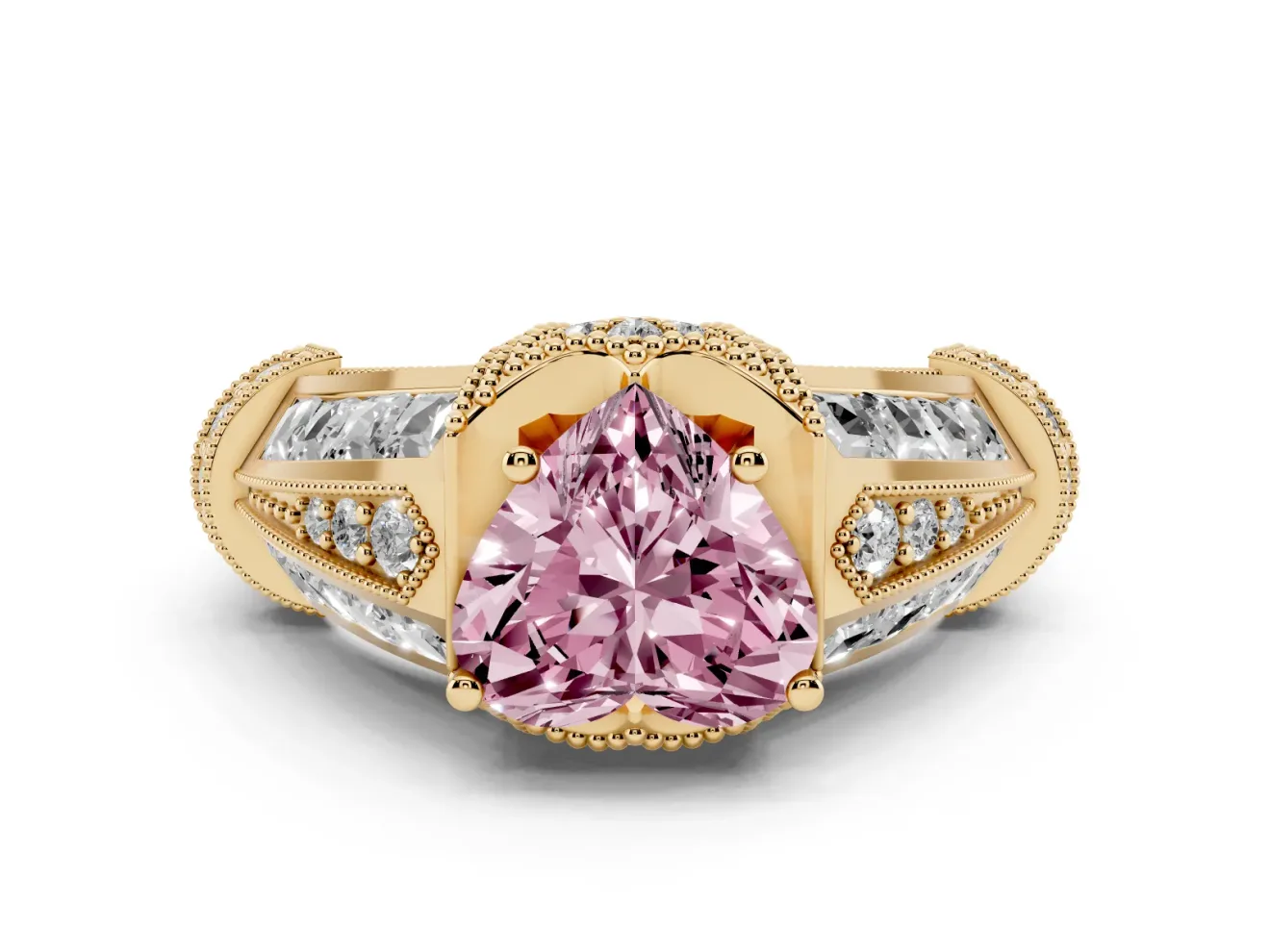 Heart-Shaped Vintage Milgrain Engagement Ring Setting for a Fancy Pink Lab-Grown Diamond | Hidden Halo | Yellow Gold