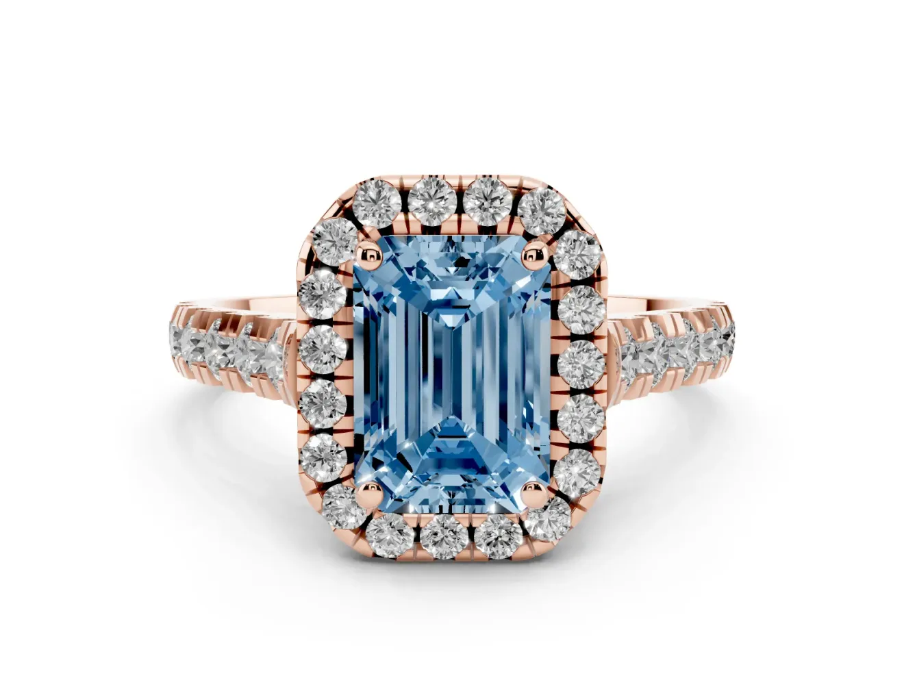 Emerald Cut Accented Halo Engagement Ring Setting for a Fancy Blue Lab-Grown Diamond | Rose Gold