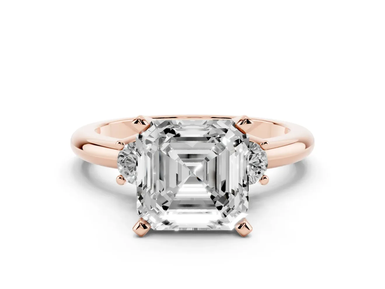 Three-Stone Asscher Cut Diamond Ring Set in Rose gold with Prong Setting and Plain Band