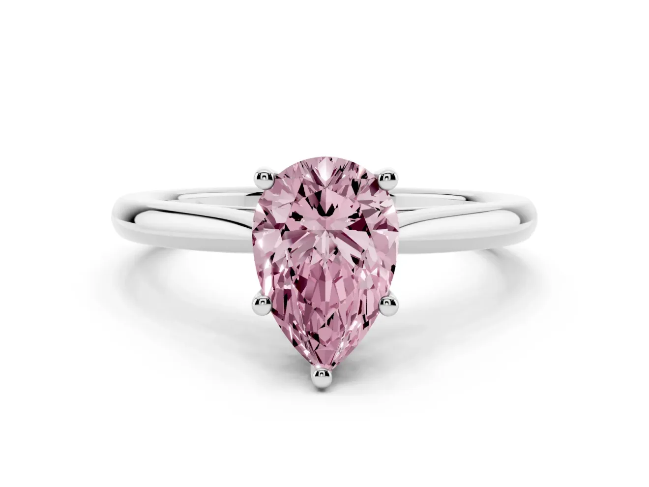 Fancy Pink Pear Cut Diamond Solitaire Ring Set in Silver with Cathedral Band and Prong Setting