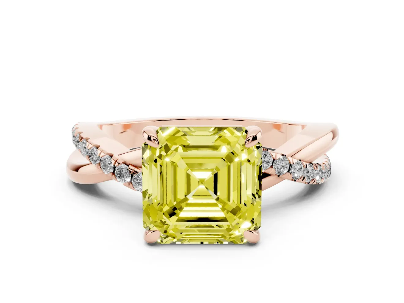 Fancy Yellow Asscher Cut Diamond Twist Band Solitaire Set in Rose gold with Pavé Accents and Prong Setting