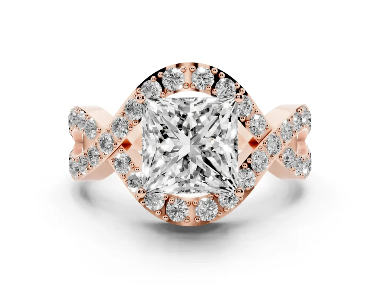 Princess Cut Diamond Solitaire Twist Band Pavé Engagement Ring Set in Rose gold