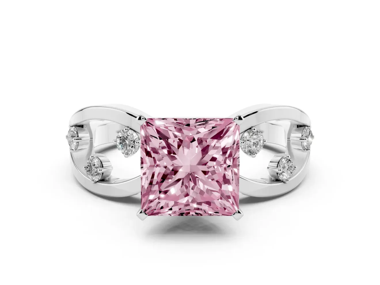 Fancy Pink Princess Cut Diamond Solitaire Ring Set in White gold with Side Stones on Criss-Cross Band and Prong Setting