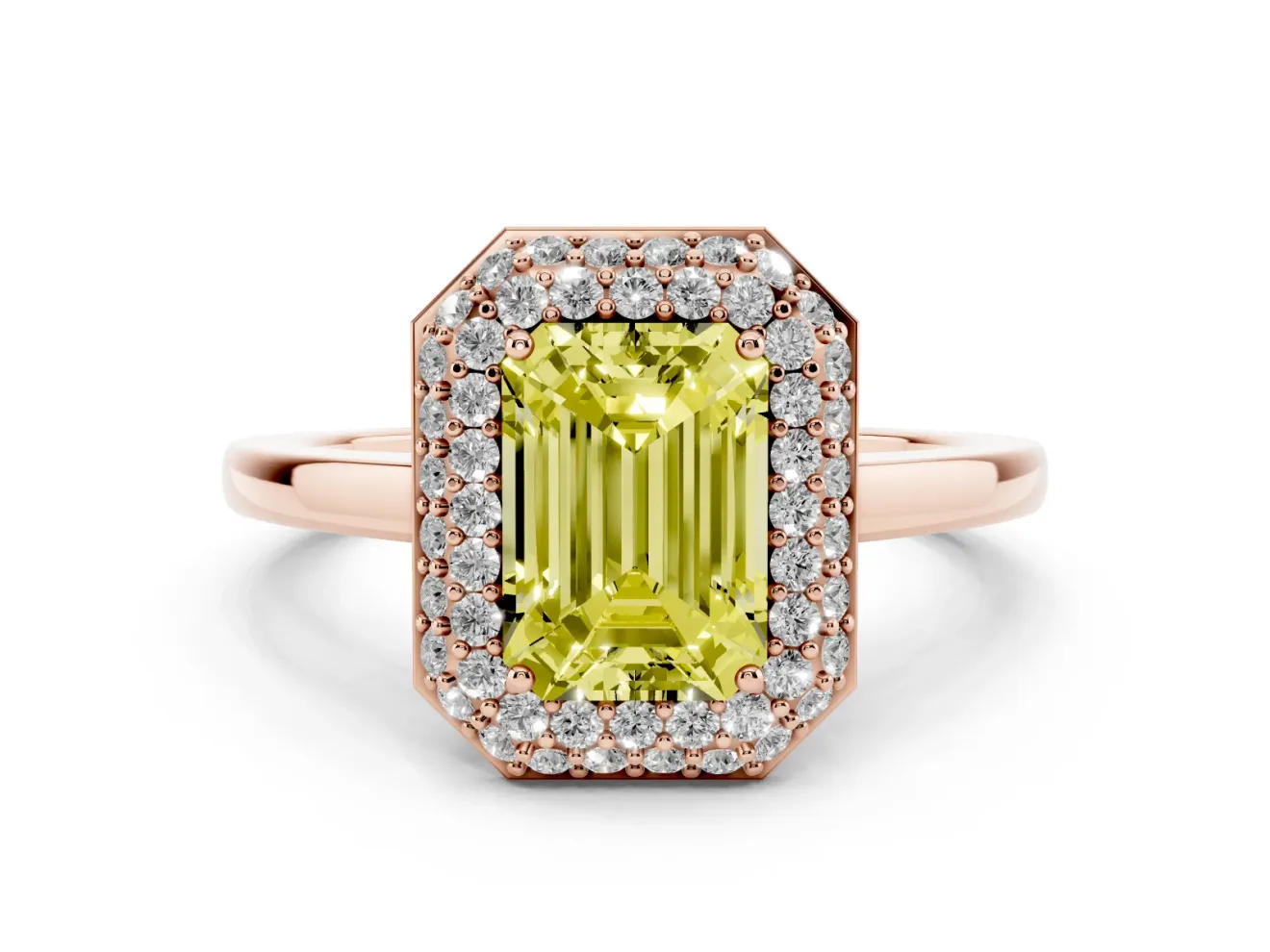 Emerald Cut Pave Halo Engagement Ring Setting for a Fancy Yellow Lab-Grown Diamond | Slim Plain Band | Rose Gold