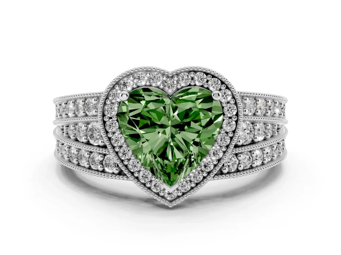 Fancy Green Heart Cut Diamond Halo Ring Set in White gold with Accent Split Shank and Prong Setting