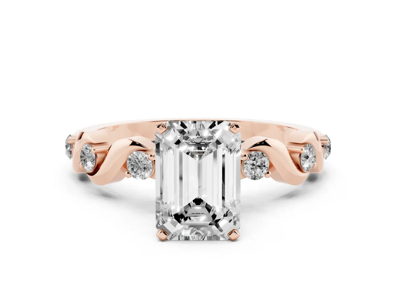 Emerald Cut Ribbon Twist Solitaire Engagement Ring Setting | Accented Shoulders | Rose Gold