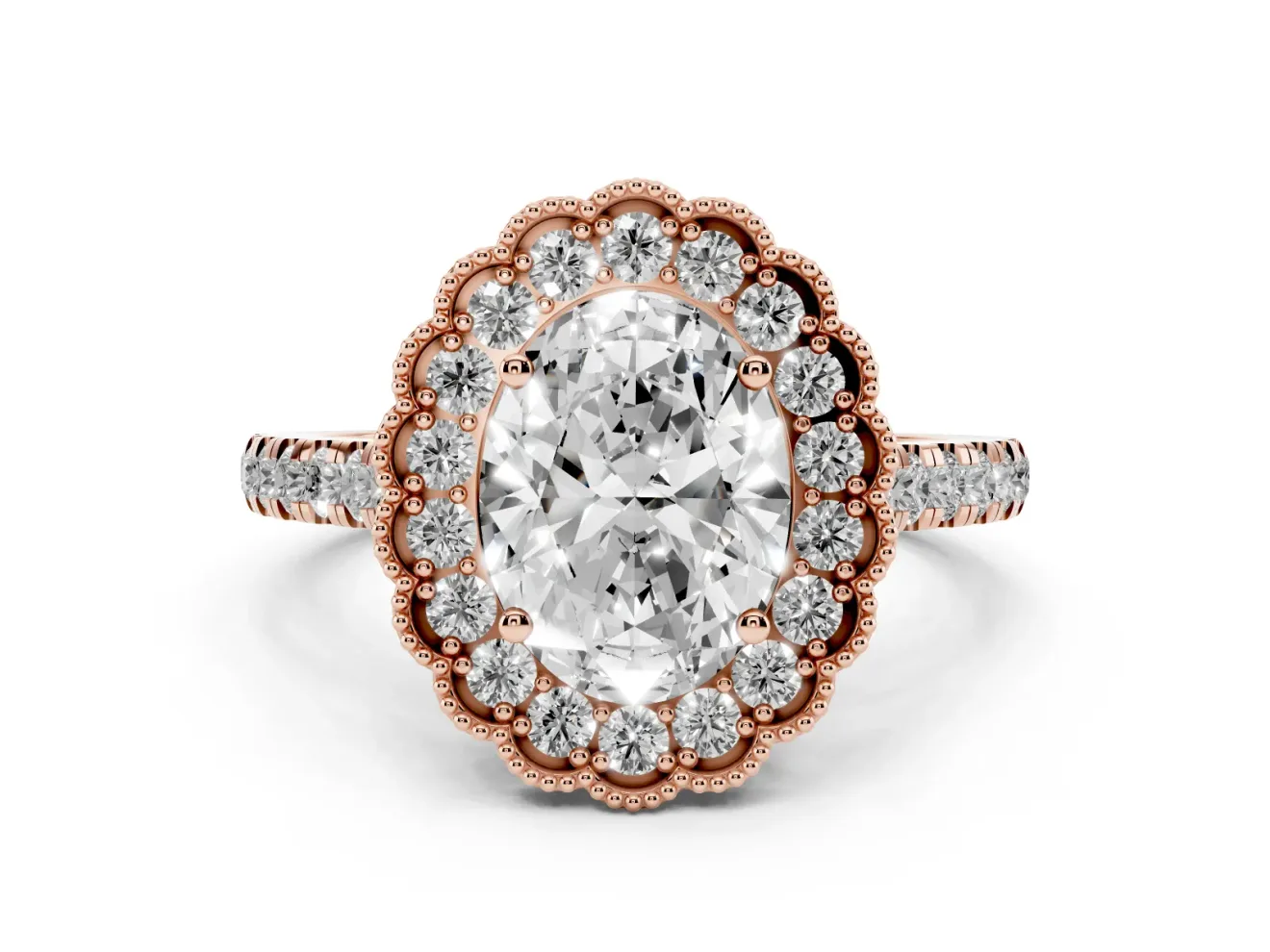 Oval Cut Diamond Milgrain Floral Halo Engagement Ring Set in Rose gold with Pavé Band