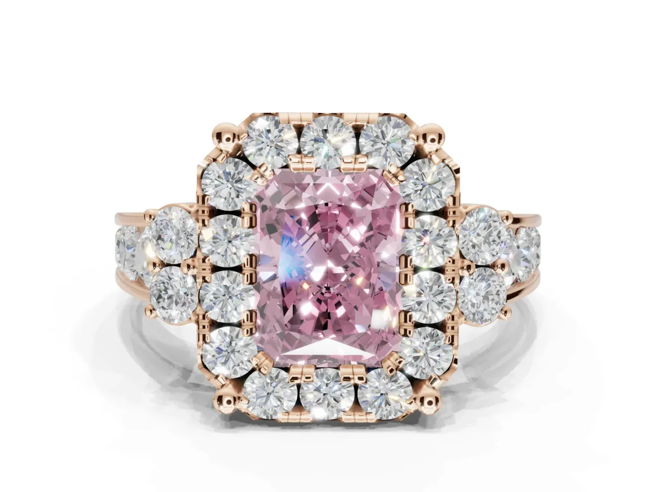 Radiant Cut Halo Engagement Ring Setting for a Fancy Pink Lab-Grown Diamond | Graduated Channel Band | Rose Gold