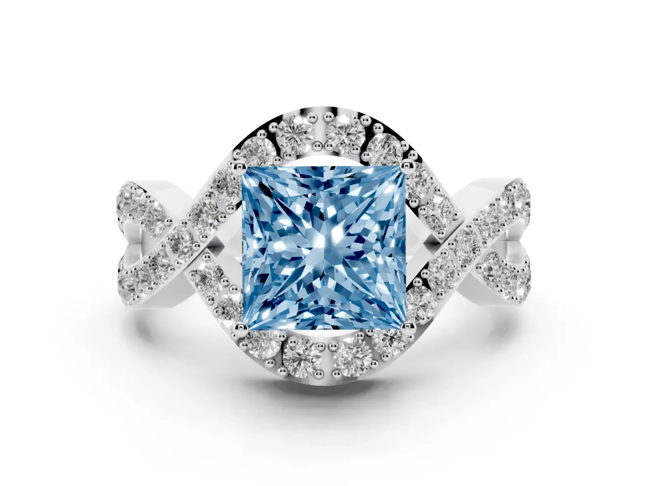 Fancy Blue Princess Cut Diamond Solitaire Twist Band Pavé Engagement Ring Set in Silver