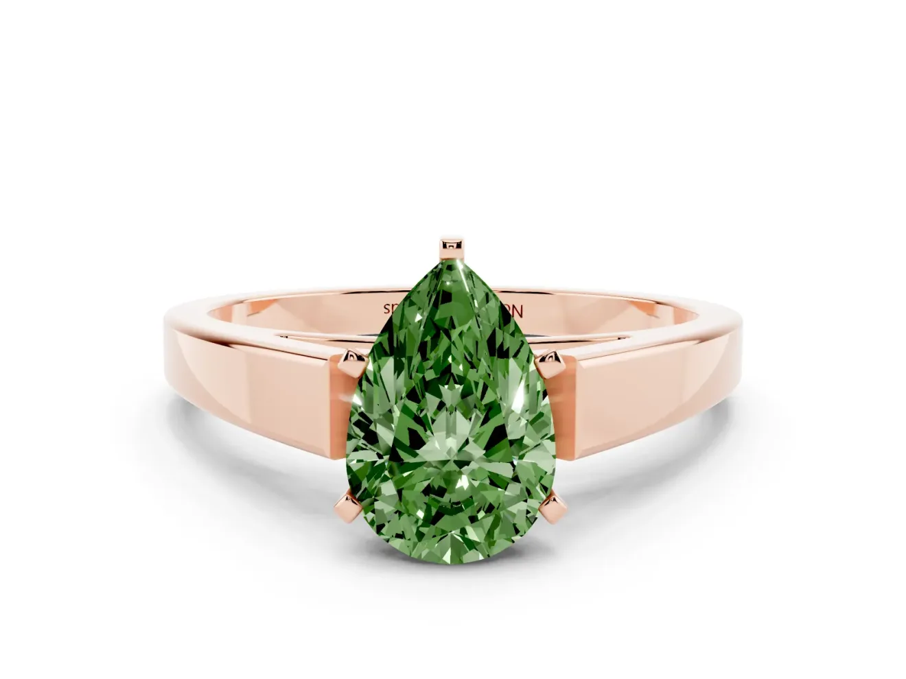 Fancy Green Pear Cut Diamond Solitaire Engagement Ring Set in Rose gold with Prong Setting and Tapered Band