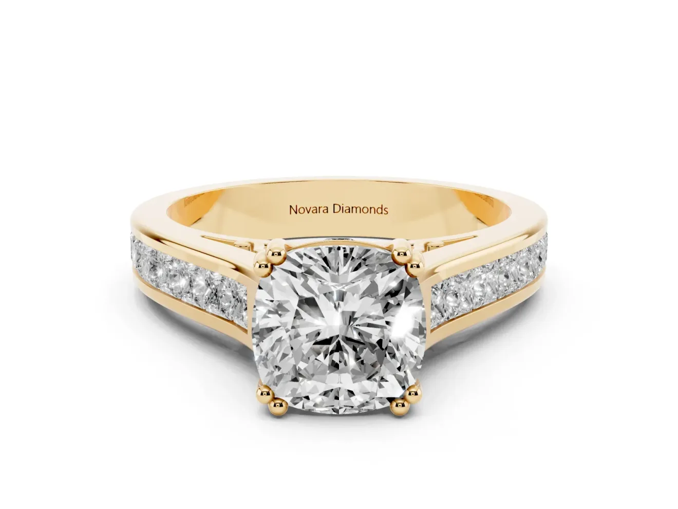 Cushion Cut Cathedral Channel Set Engagement Ring Setting | Double Claw Prongs | Yellow Gold