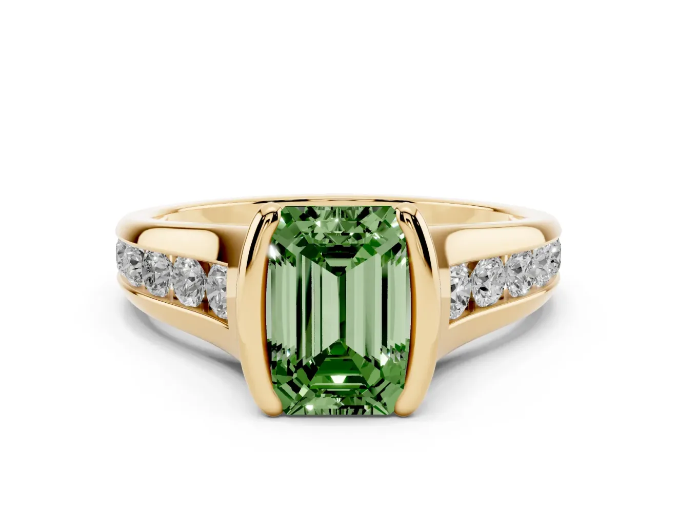 Emerald Cut Half Bezel Engagement Ring Setting for a Fancy Green Lab-Grown Diamond | Yellow Gold