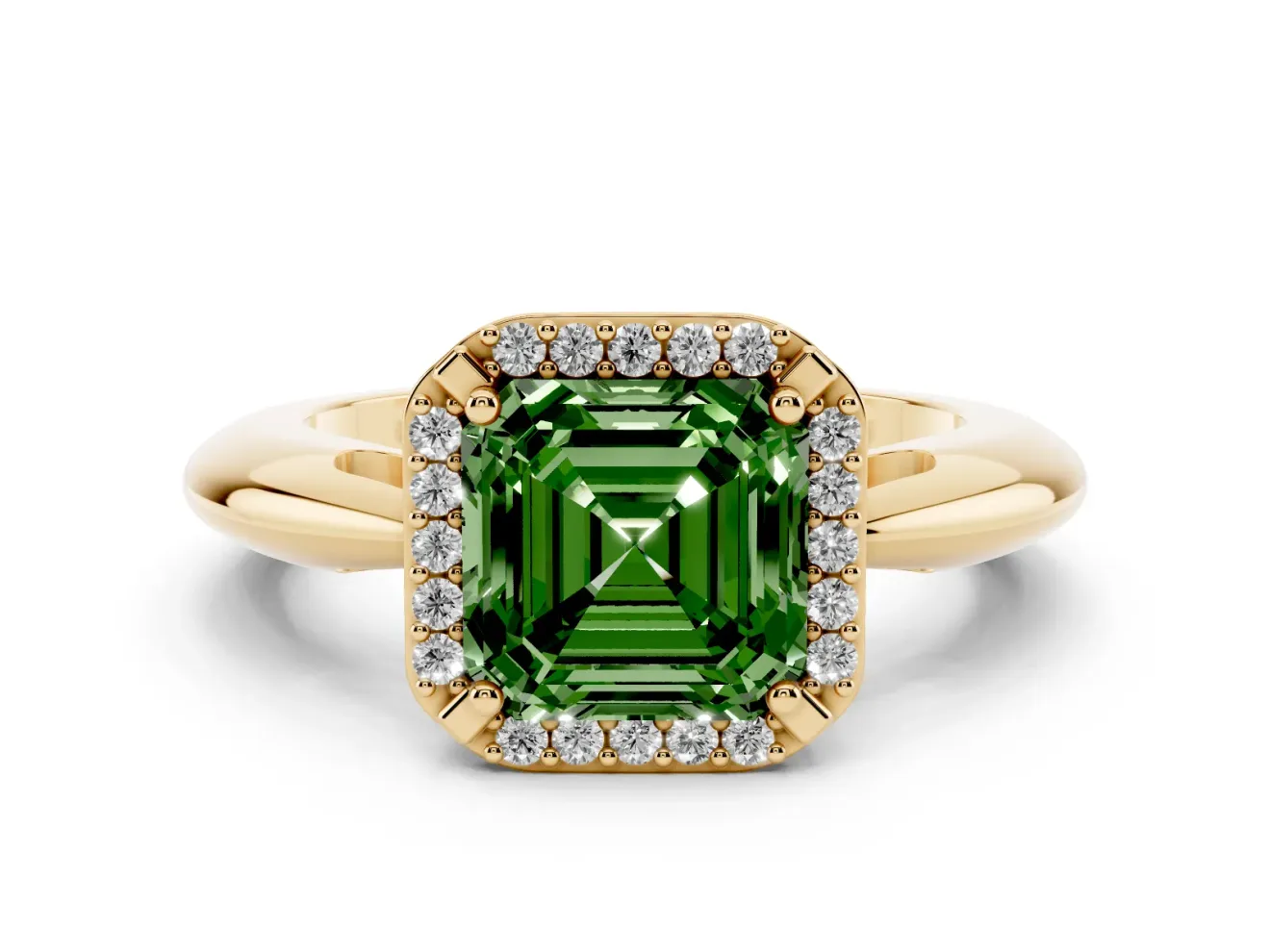 Fancy Green Asscher Cut Diamond Halo Engagement Ring Set in Yellow gold with Plain Split Shank and Prong Setting