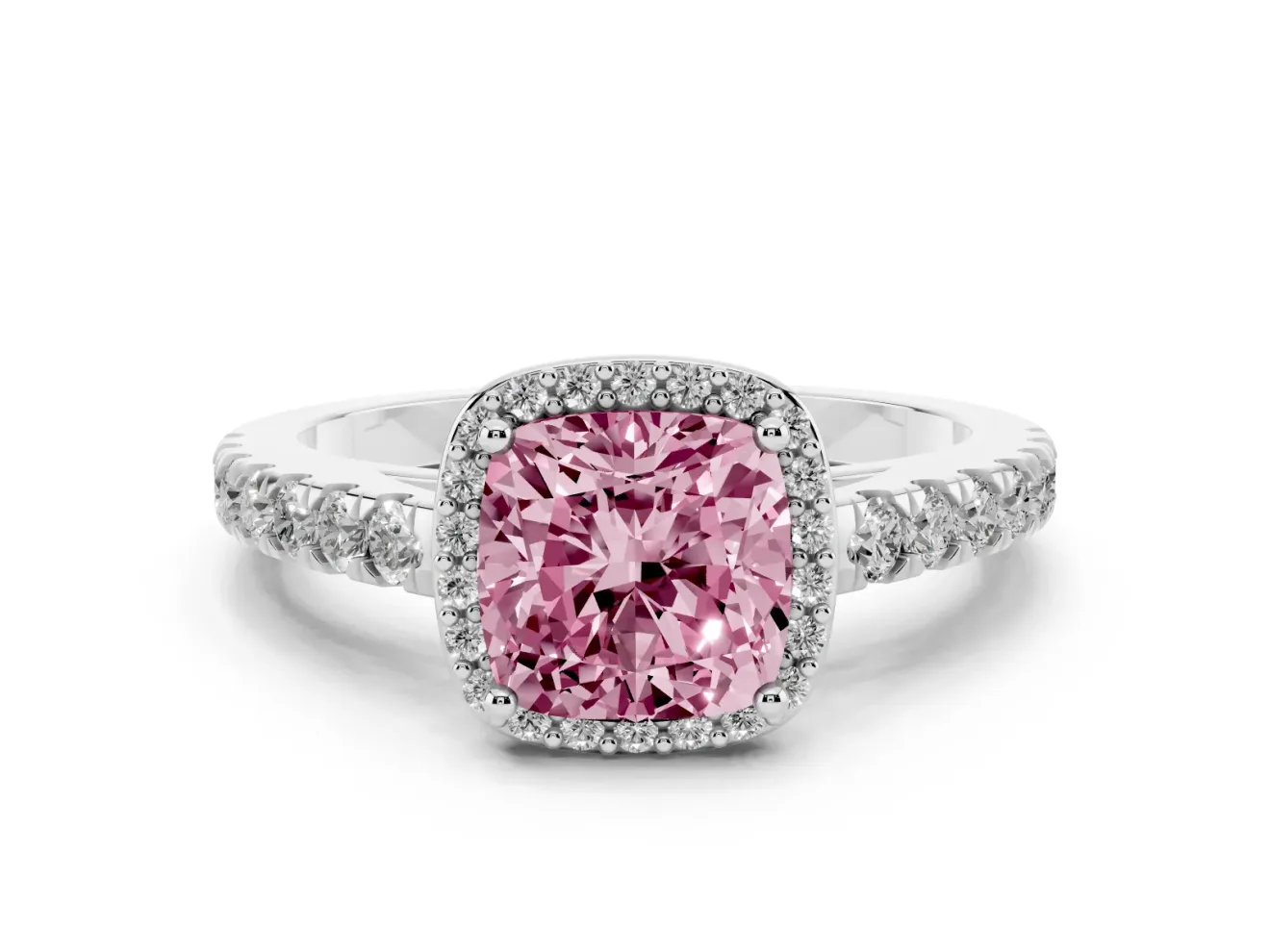 Fancy Pink Cushion Cut Diamond Halo Engagement Ring Set in White gold with Pavé Band and Prong Setting