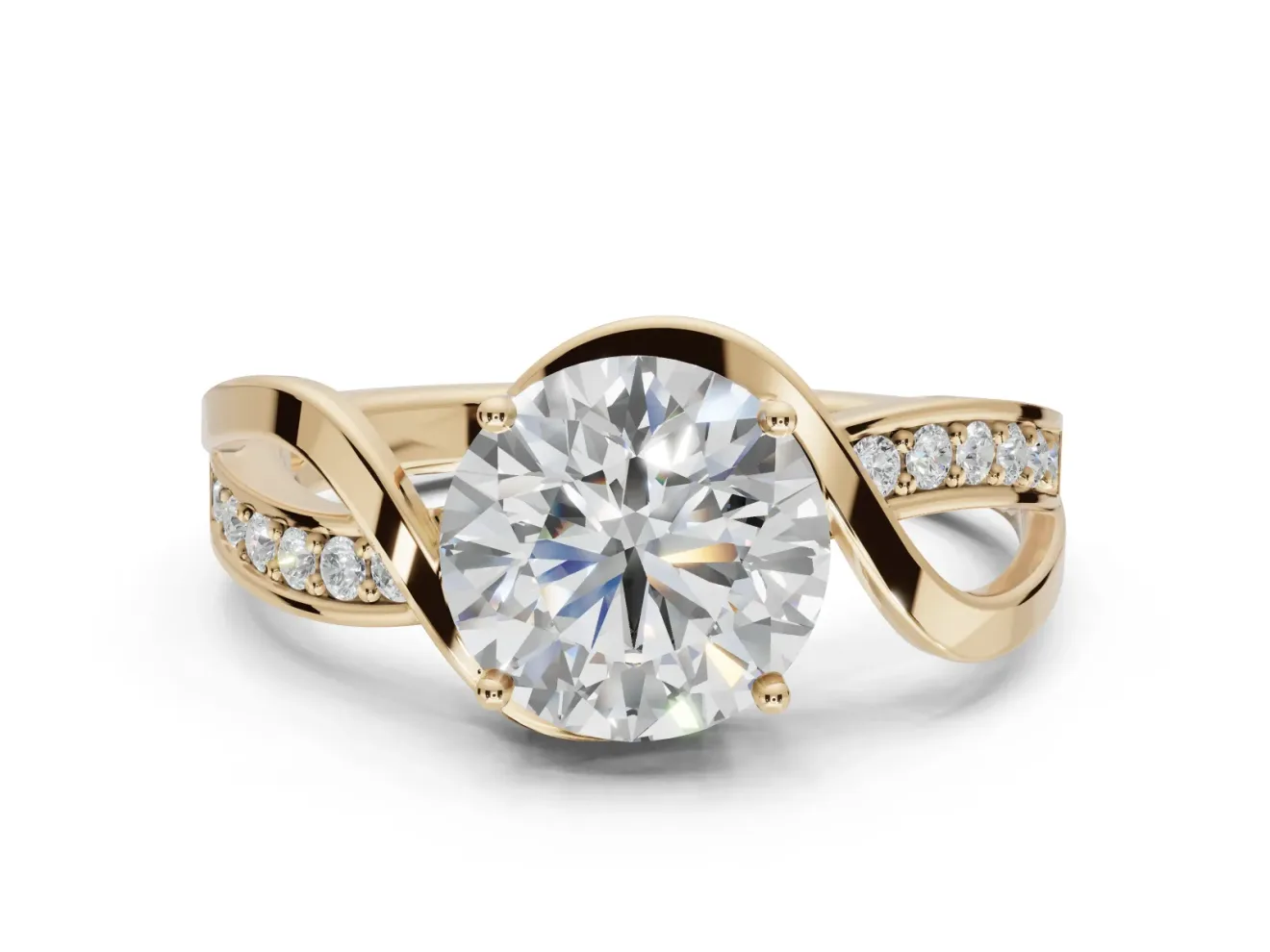 Round Bypass Solitaire Engagement Ring Setting | Pavé and Plain Strands | Yellow Gold