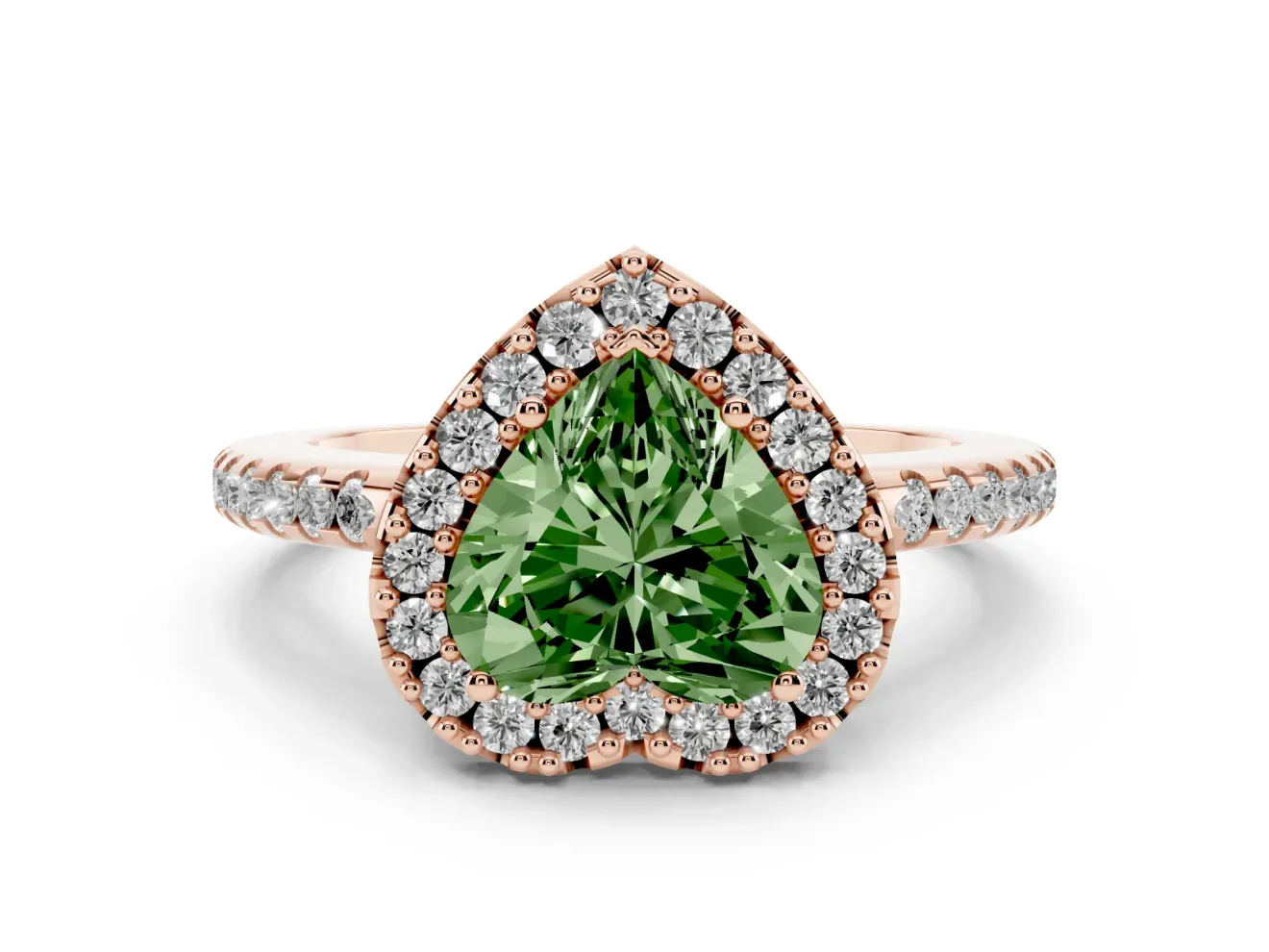 Heart-Shaped Pave Halo Engagement Ring Setting for a Fancy Green Lab-Grown Diamond | Pave Band | Rose Gold