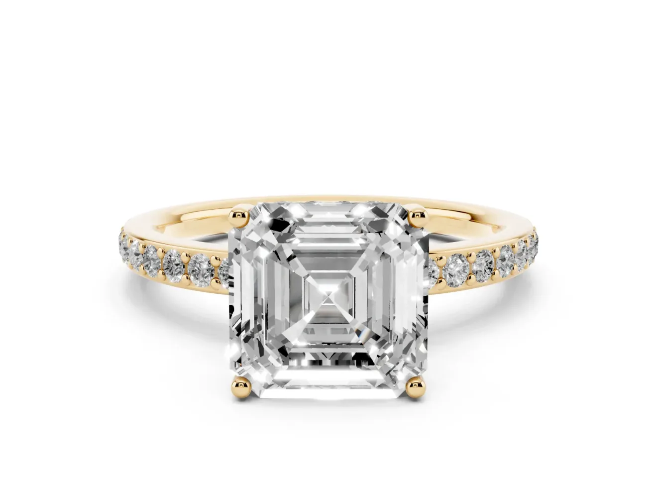 Asscher Cut Diamond Pavé Band Ring Set in Yellow gold with Prong-Set Center Stone