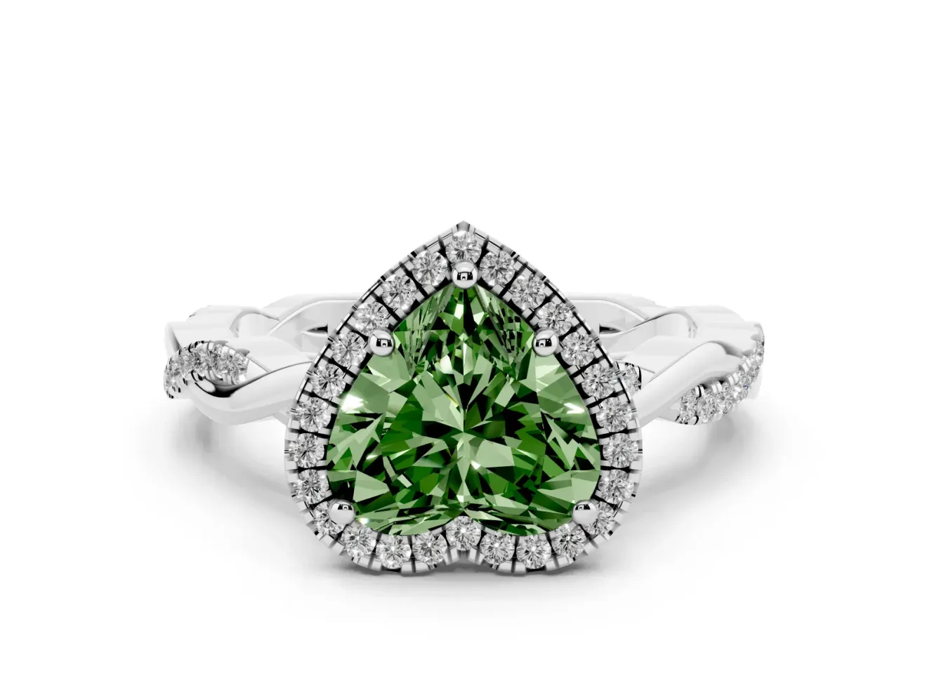 Fancy Green Heart Cut Diamond Halo Twisted Band Ring Set in White gold with Prong Setting