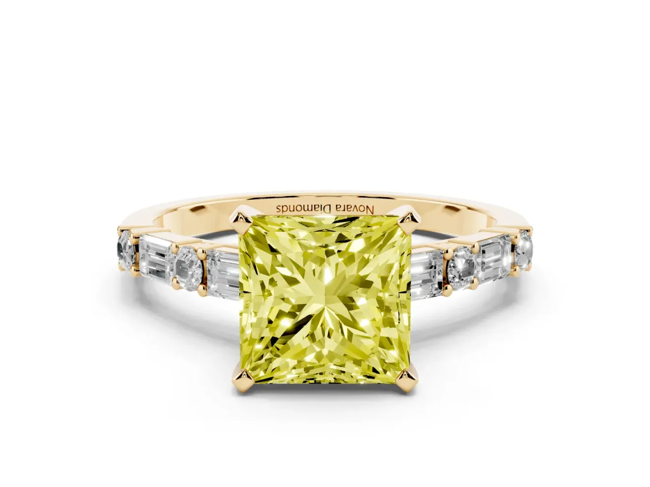 Fancy Yellow Princess Cut Diamond Solitaire Set in Yellow gold with Side Baguettes and Channel Set Band