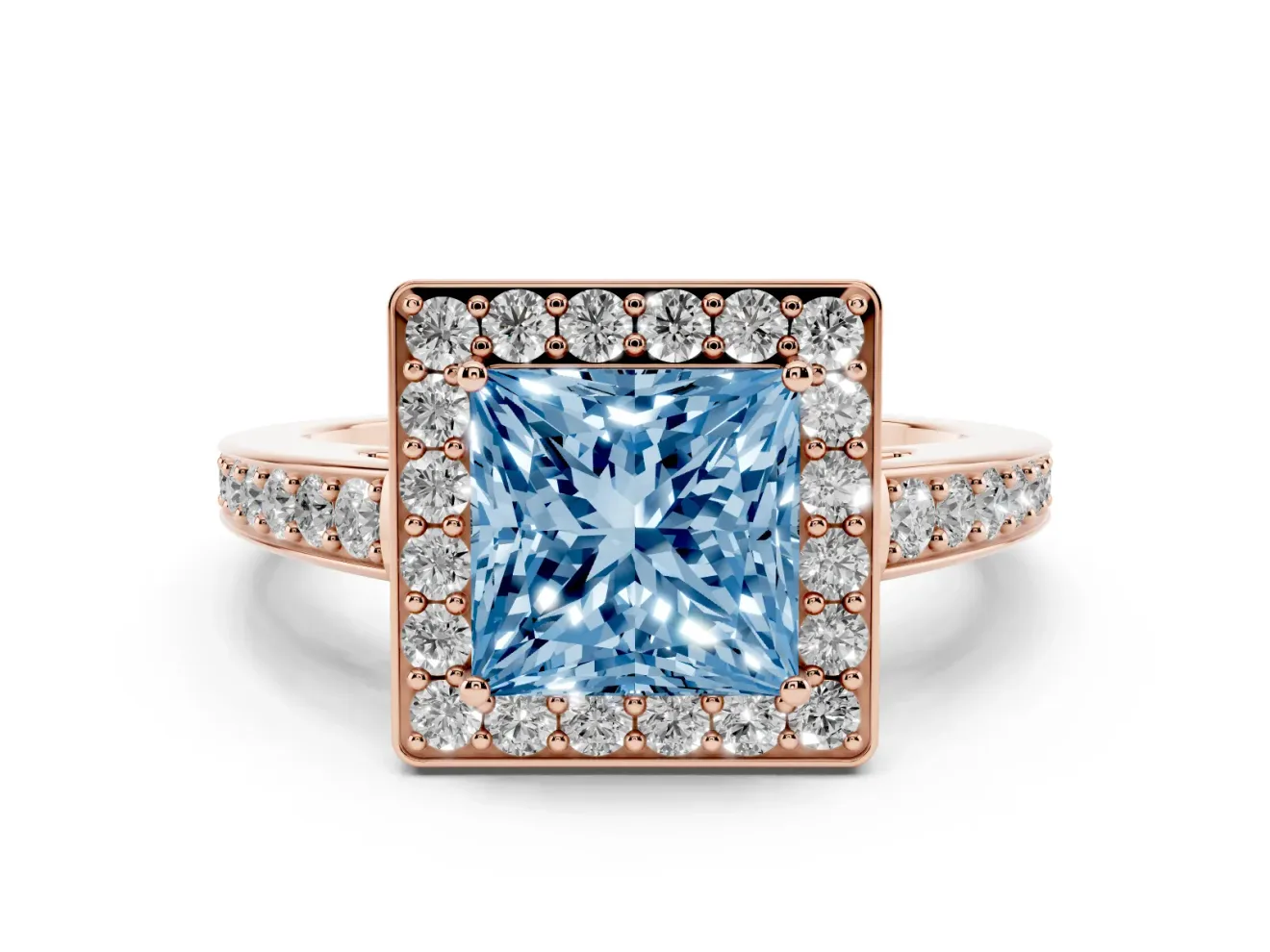 Fancy Blue Princess Cut Diamond Halo Pavé Engagement Ring Set in Rose gold with Bezel Setting
