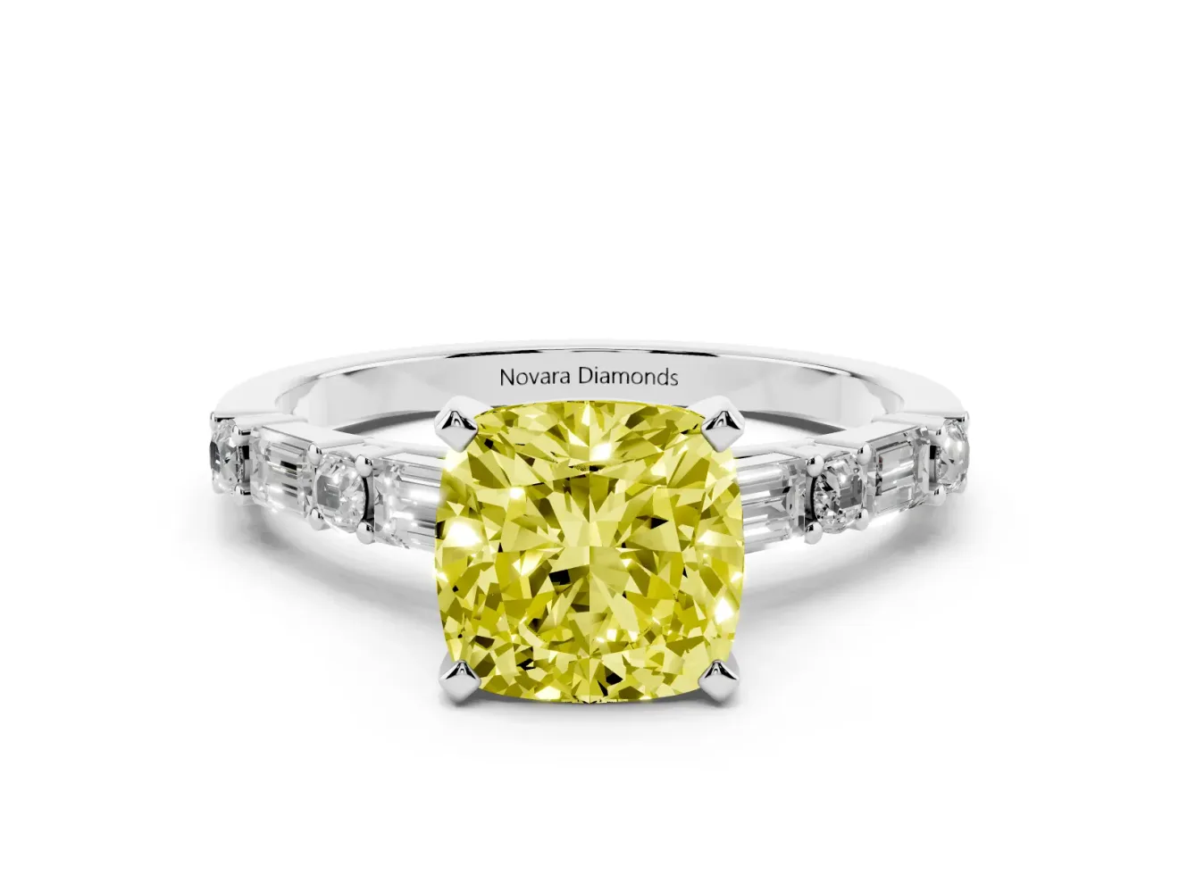 Fancy Yellow Cushion Cut Diamond Solitaire Set in White gold with Side Baguettes and Channel Set Band