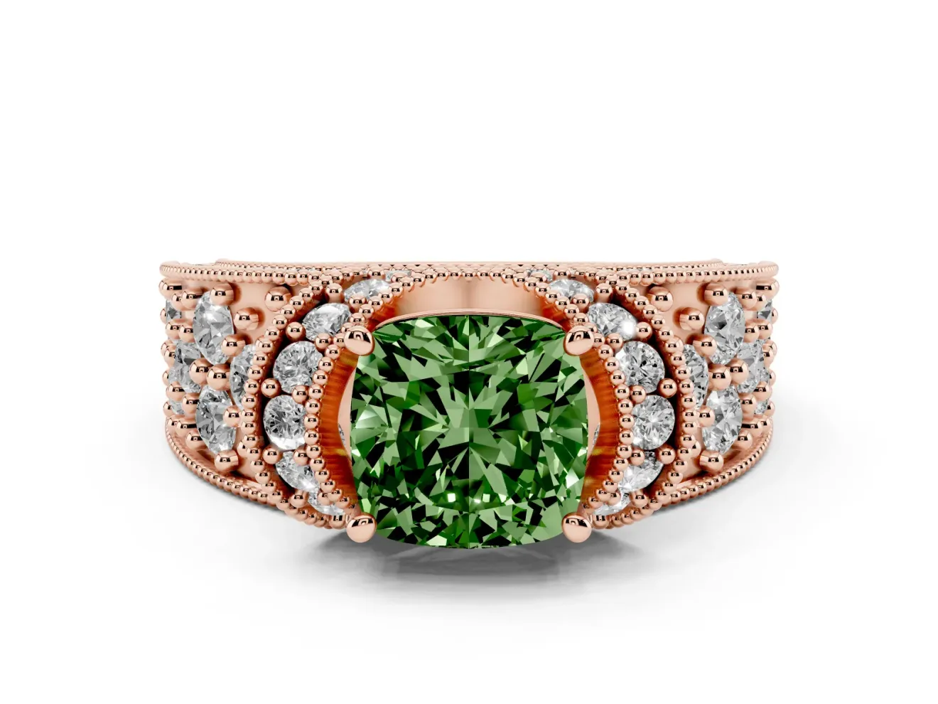 Cushion Cut Vintage Pave Engagement Ring Setting for a Fancy Green Lab-Grown Diamond | Milgrain Edges | Rose Gold