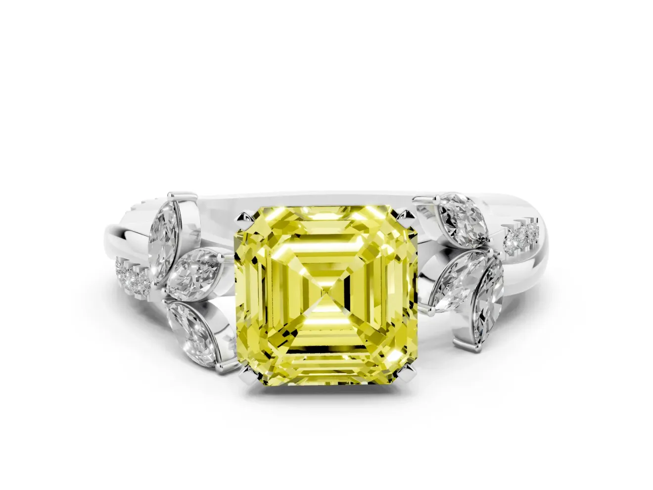 Fancy Yellow Asscher Cut Diamond Floral Vine Solitaire Engagement Ring Set in White gold with Marquise Leaves