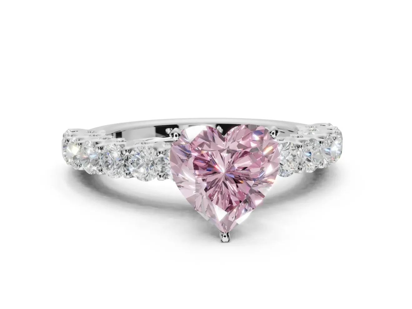Heart-Shaped Shared Prong Engagement Ring Setting for a Fancy Pink Lab-Grown Diamond | Two-Row Band | Sterling Silver