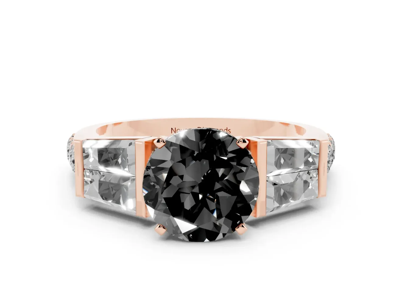 Fancy Black Round Cut Diamond Engagement Ring Set in Rose gold with Baguette Side Stones and Channel Set Band