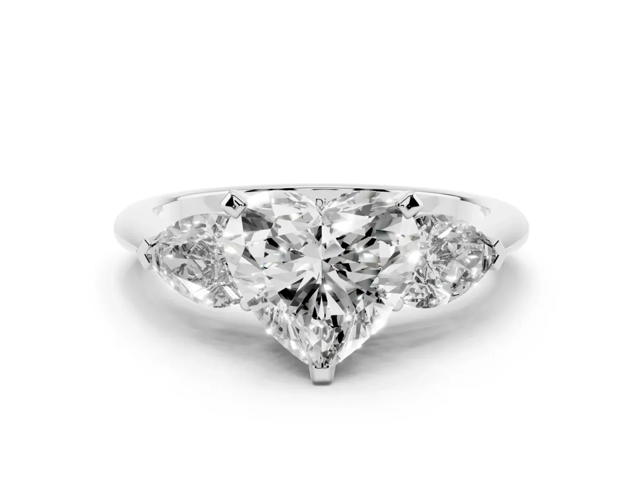 Three-Stone Heart Cut Diamond Ring Set in Silver with Pear Side Stones and Prong Setting