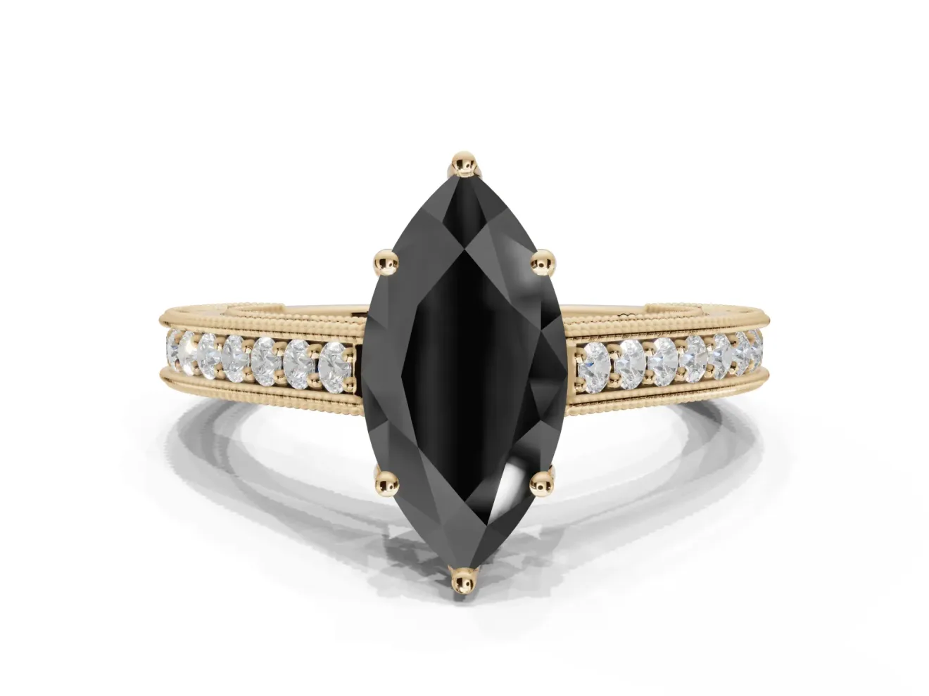 Marquise Vintage Pavé Engagement Ring Setting for a Black Center | Yellow Gold