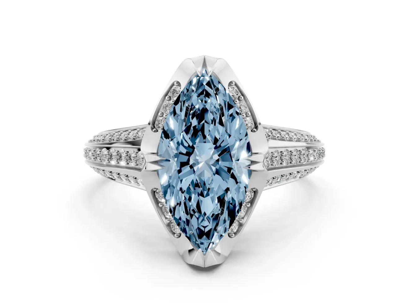 Fancy Blue Marquise Cut Diamond Pavé Split Shank Solitaire Ring Set in Silver with Prong Setting